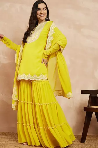 Yellow & Gold Toned Yoke Design Embroidered Straight Kurta With Sharara & Dupatta