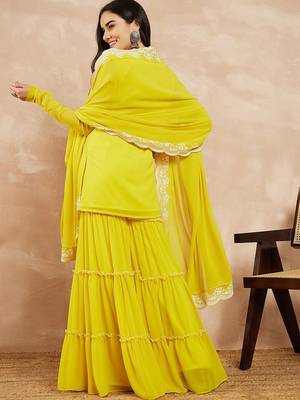 Yellow & Gold Toned Yoke Design Embroidered Straight Kurta With Sharara & Dupatta 5