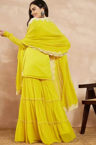 Yellow & Gold Toned Yoke Design Embroidered Straight Kurta With Sharara & Dupatta