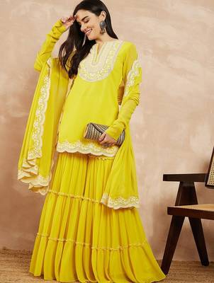 Yellow & Gold Toned Yoke Design Embroidered Straight Kurta With Sharara & Dupatta 6