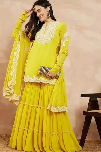 Yellow & Gold Toned Yoke Design Embroidered Straight Kurta With Sharara & Dupatta