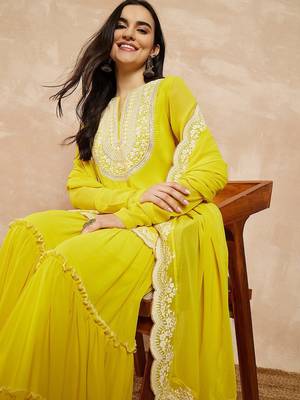 Yellow & Gold Toned Yoke Design Embroidered Straight Kurta With Sharara & Dupatta 7