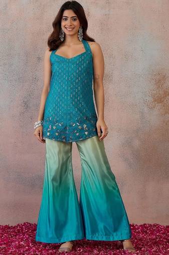 Blue colour Organza Embellished Tunic with Palazzos