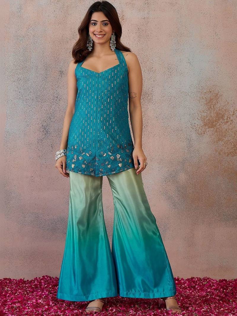 Blue colour Organza Embellished Tunic with Palazzos