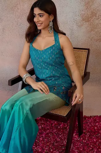 Blue colour Organza Embellished Tunic with Palazzos