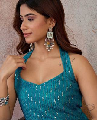 Blue colour Organza Embellished Tunic with Palazzos 3