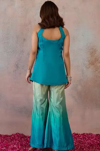 Blue colour Organza Embellished Tunic with Palazzos
