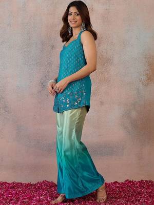 Blue colour Organza Embellished Tunic with Palazzos 6