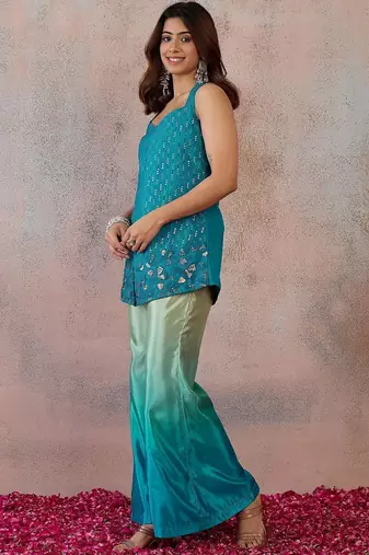 Blue colour Organza Embellished Tunic with Palazzos
