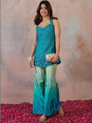 Blue colour Organza Embellished Tunic with Palazzos 7