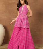 Pink colour Women Floral Print Pleated Top & Palazzos Kurta set