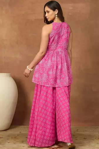 Pink colour Women Floral Print Pleated Top & Palazzos Kurta set
