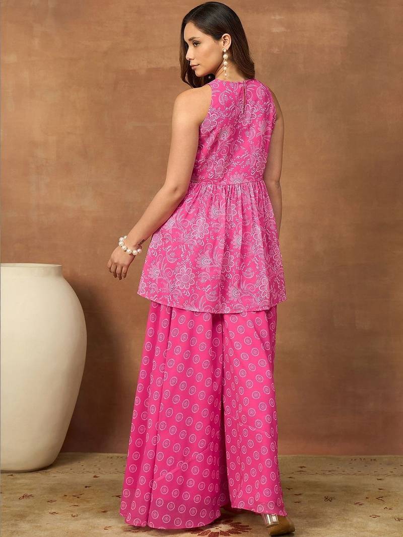 Pink colour Women Floral Print Pleated Top & Palazzos Kurta set