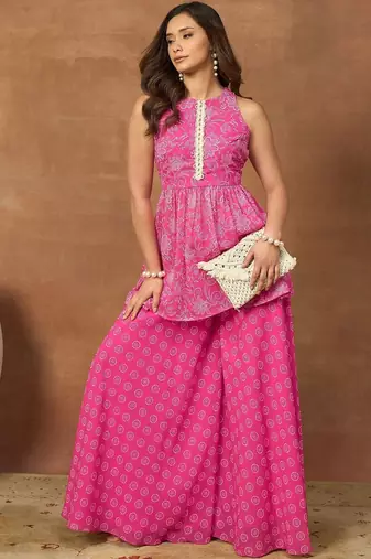 Pink colour Women Floral Print Pleated Top & Palazzos Kurta set