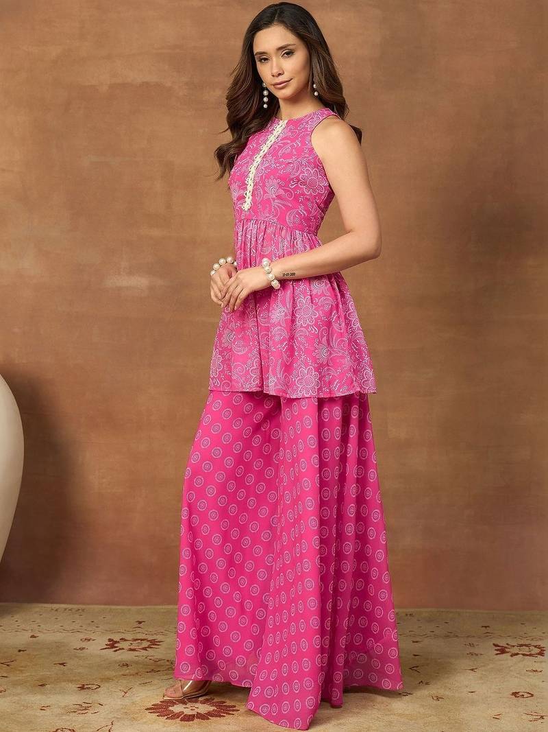 Pink colour Women Floral Print Pleated Top & Palazzos Kurta set