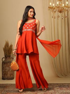Orange Embroidered Sleeveless Kurta set  1