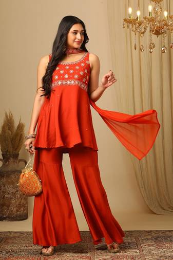 Orange Embroidered Sleeveless Kurta set 