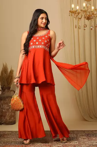 Orange Embroidered Sleeveless Kurta set 