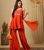 Orange Embroidered Sleeveless Kurta set 