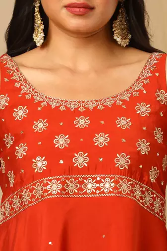 Orange Embroidered Sleeveless Kurta set 