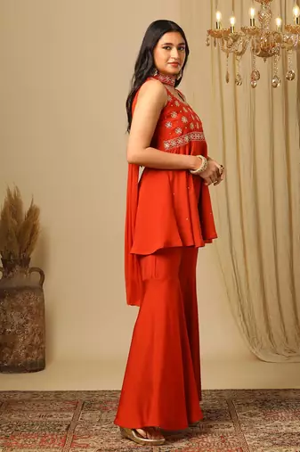 Orange Embroidered Sleeveless Kurta set 