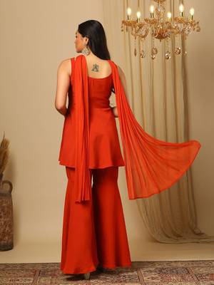 Orange Embroidered Sleeveless Kurta set  6
