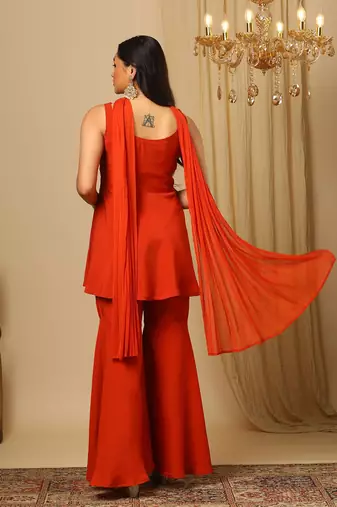 Orange Embroidered Sleeveless Kurta set 