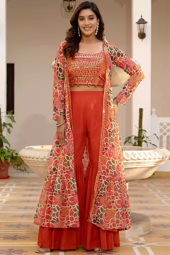 Oranage Embellished Square Neck Top & Sharara With Shrug