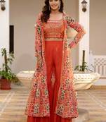 Oranage Embellished Square Neck Top & Sharara With Shrug