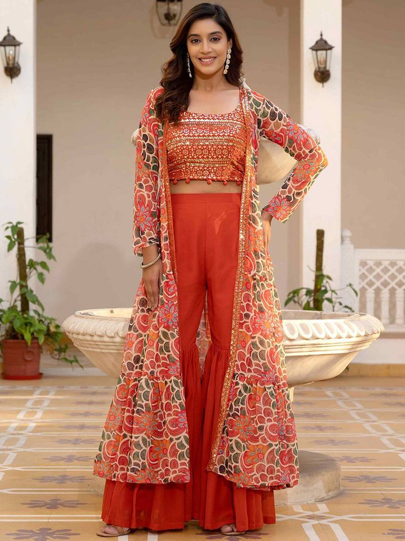 Oranage Embellished Square Neck Top & Sharara With Shrug