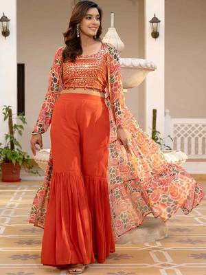 Oranage Embellished Square Neck Top & Sharara With Shrug 3