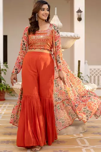 Oranage Embellished Square Neck Top & Sharara With Shrug