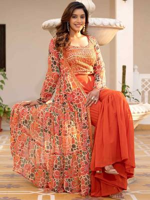 Oranage Embellished Square Neck Top & Sharara With Shrug 4