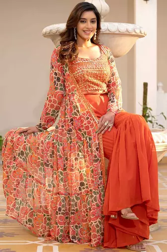 Oranage Embellished Square Neck Top & Sharara With Shrug