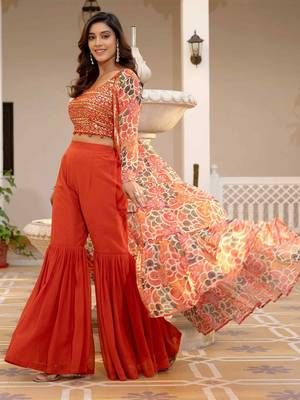 Oranage Embellished Square Neck Top & Sharara With Shrug 6