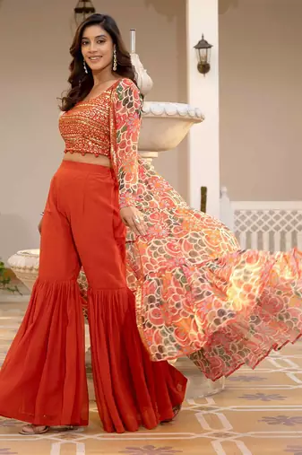 Oranage Embellished Square Neck Top & Sharara With Shrug
