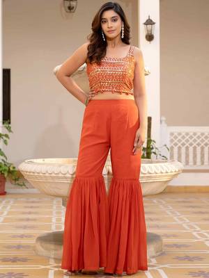 Oranage Embellished Square Neck Top & Sharara With Shrug 7
