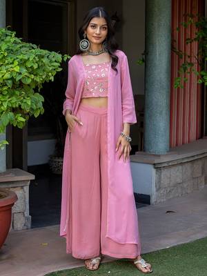 Pink Embroidered Crop Top With Shrug & Palazzos 1