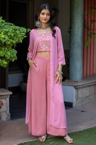 Pink Embroidered Crop Top With Shrug & Palazzos