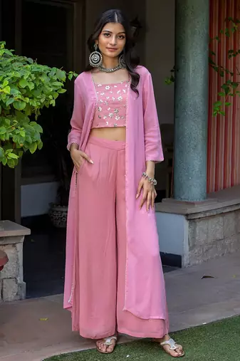 Pink Embroidered Crop Top With Shrug & Palazzos