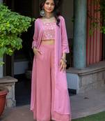 Pink Embroidered Crop Top With Shrug & Palazzos