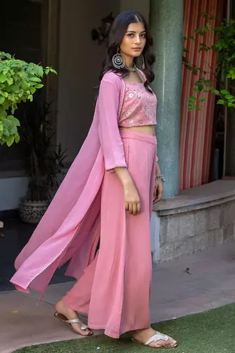 Pink Embroidered Crop Top With Shrug & Palazzos