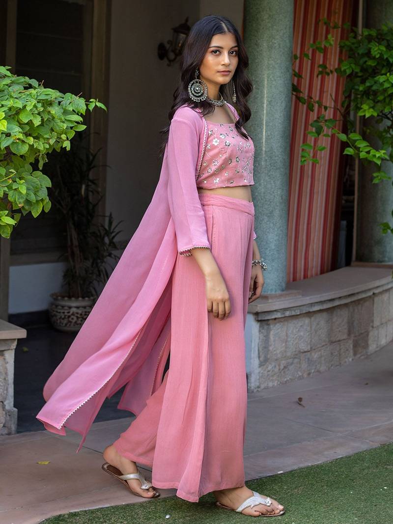 Pink Embroidered Crop Top With Shrug & Palazzos
