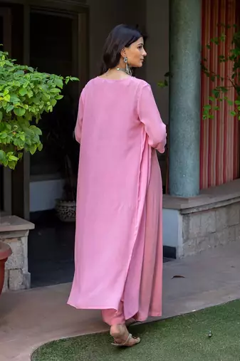 Pink Embroidered Crop Top With Shrug & Palazzos