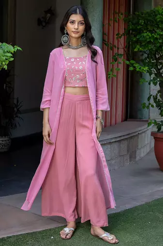 Pink Embroidered Crop Top With Shrug & Palazzos