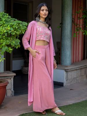 Pink Embroidered Crop Top With Shrug & Palazzos 6