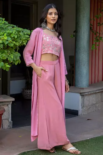 Pink Embroidered Crop Top With Shrug & Palazzos