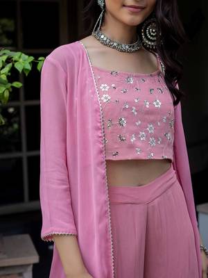 Pink Embroidered Crop Top With Shrug & Palazzos 8