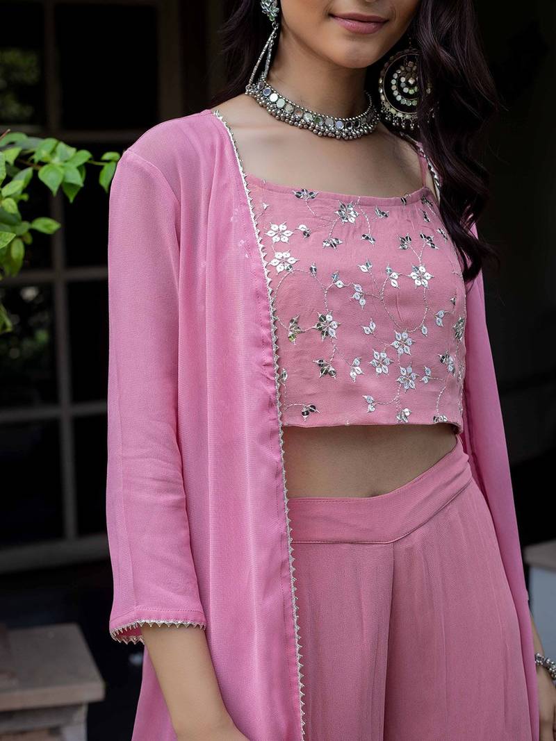 Pink Embroidered Crop Top With Shrug & Palazzos