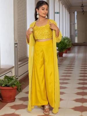 Yellow Embellished Shoulder Straps Ethnic Top With Palazzos & Shrug 1